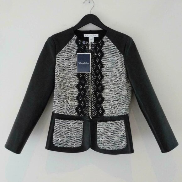 NWT OSCAR DE LA RENTA Black Leather & Boucle Twill Tweed Zip Front Jacket 8 - Picture 6 of 8